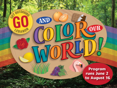 Get Outdoors York program logo with rainbow and colored objects.